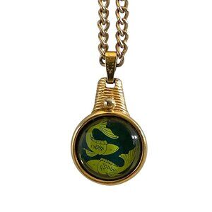 Jeane Dixon Pisces Pendant Necklace • Vintage Signed Zodiac • Gold Tone Green Gl